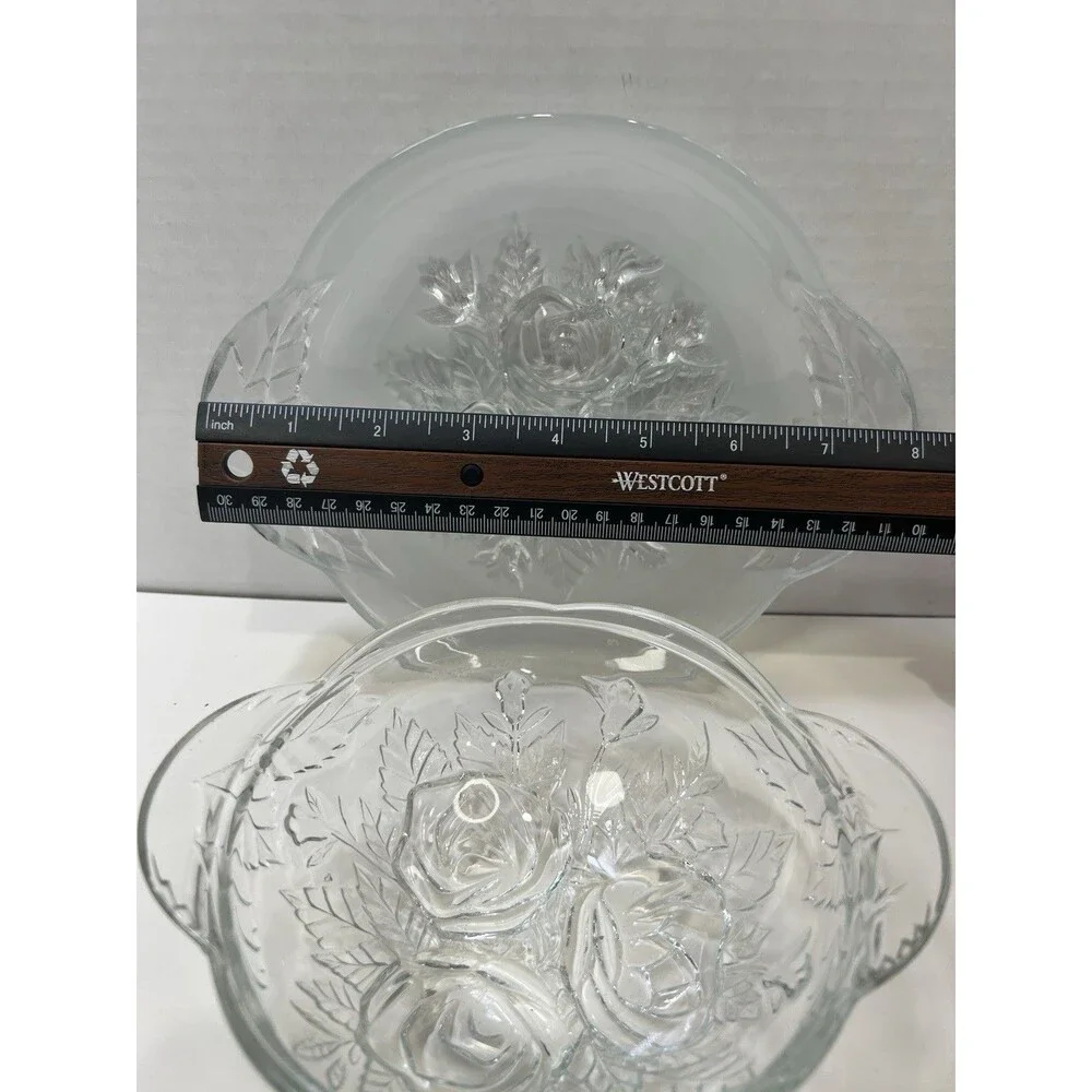 Vintage Pressed Roses Glass Candy  Dish Jar Lid 5 1/2” Underplate Frosted 8”